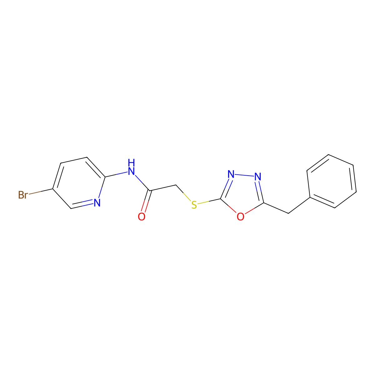 2-[(5-benzyl-1,3,4-oxadiazol-2-yl)sulfanyl]-N-(5-bromopyridin-2-yl)acetamide molecular structure, CAS 825658-04-6