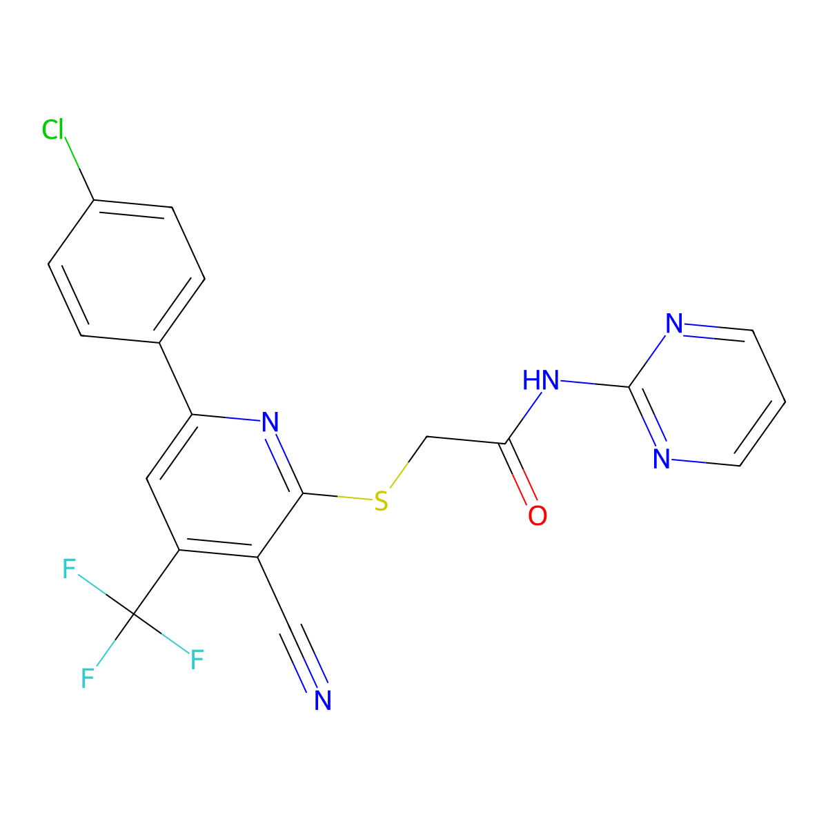 2-[6-(4-chlorophenyl)-3-cyano-4-(trifluoromethyl)pyridin-2-yl]sulfanyl-N-pyrimidin-2-ylacetamide molecular structure, CAS 825658-63-7