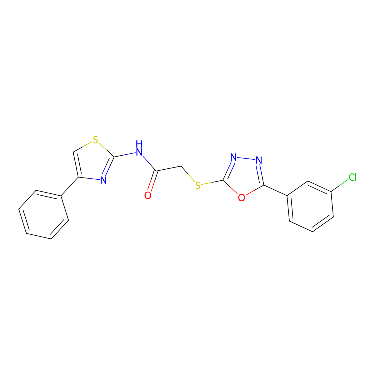 2-[[5-(3-chlorophenyl)-1,3,4-oxadiazol-2-yl]sulfanyl]-N-(4-phenyl-1,3-thiazol-2-yl)acetamide molecular structure, CAS 825658-82-0