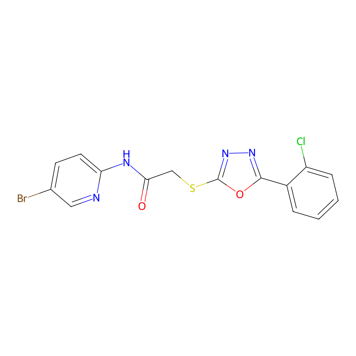 N-(5-bromopyridin-2-yl)-2-[[5-(2-chlorophenyl)-1,3,4-oxadiazol-2-yl]sulfanyl]acetamide molecular structure, CAS 825659-16-3