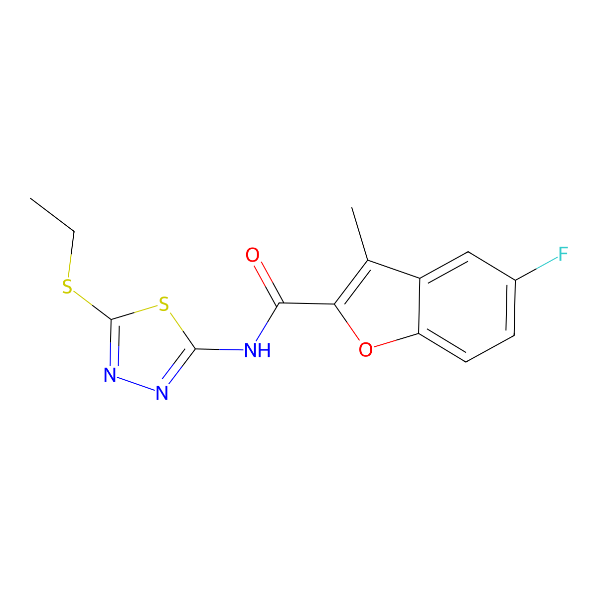 N-[5-(ethylsulfanyl)-1,3,4-thiadiazol-2-yl]-5-fluoro-3-methyl-1-benzofuran-2-carboxamide molecular structure, CAS 825659-31-2