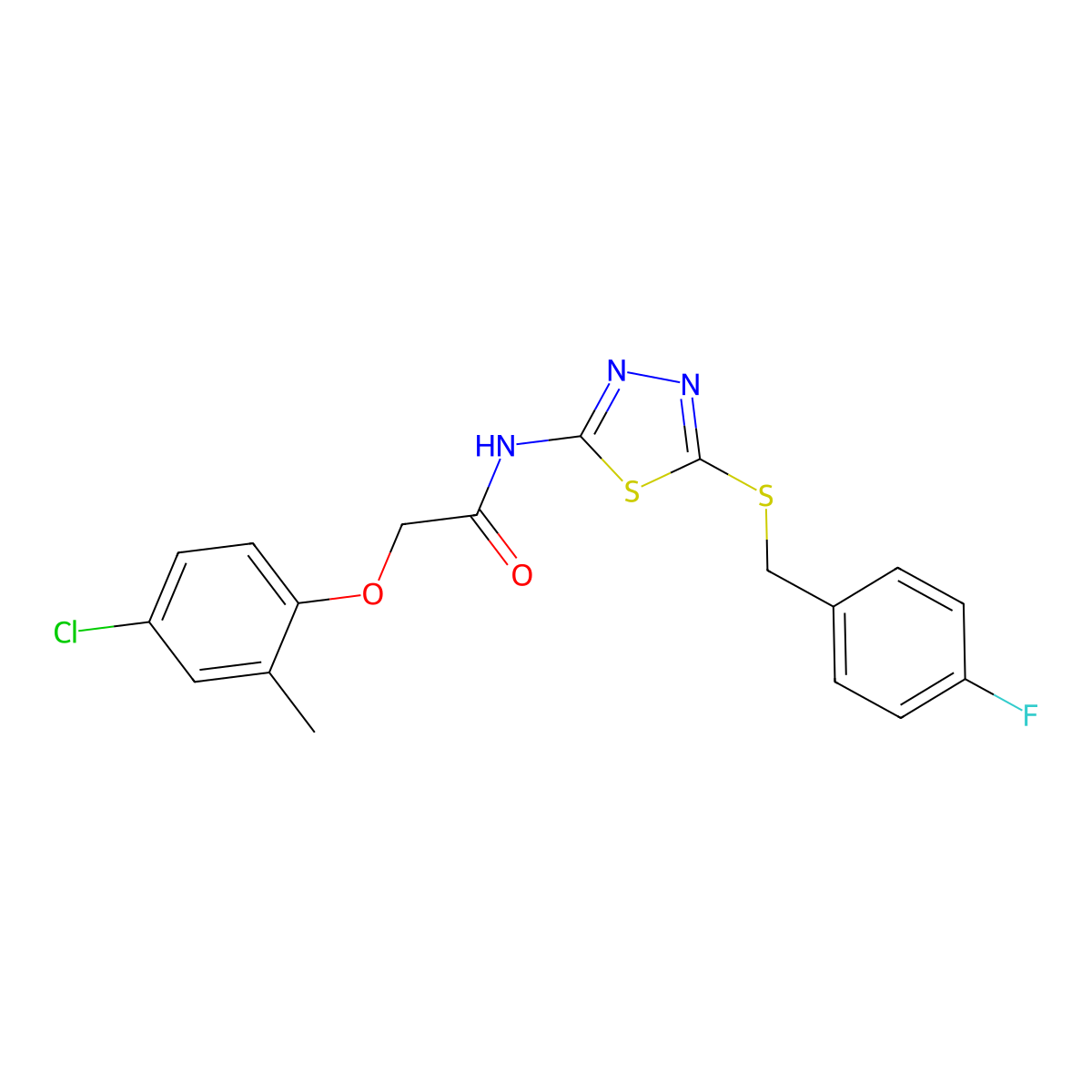 2-(4-chloro-2-methylphenoxy)-N-[5-[(4-fluorophenyl)methylsulfanyl]-1,3,4-thiadiazol-2-yl]acetamide molecular structure, CAS 825659-92-5