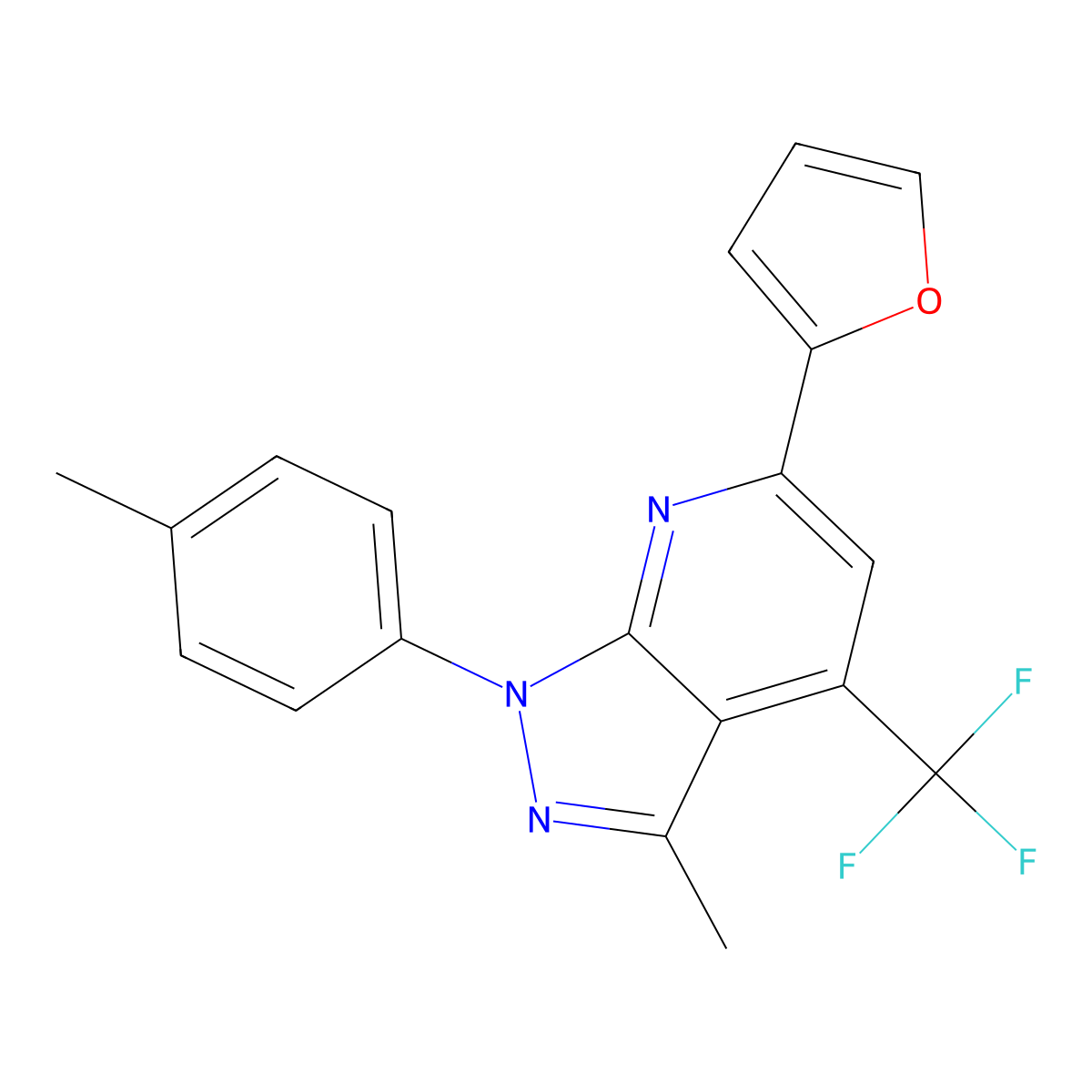6-(Furan-2-yl)-3-methyl-1-(4-methylphenyl)-4-(trifluoromethyl)pyrazolo[3,4-b]pyridine molecular structure, CAS 825660-59-1