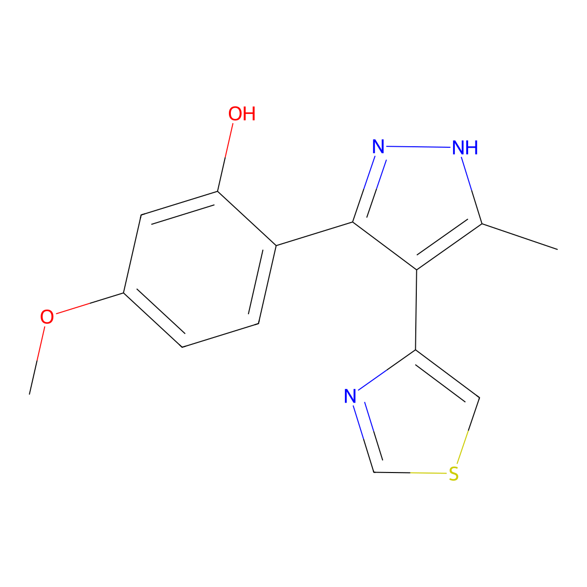 5-Methoxy-2-(5-methyl-4-thiazol-4-yl-1H-pyrazol-3-yl)-phenol molecular structure, CAS 82587-45-9