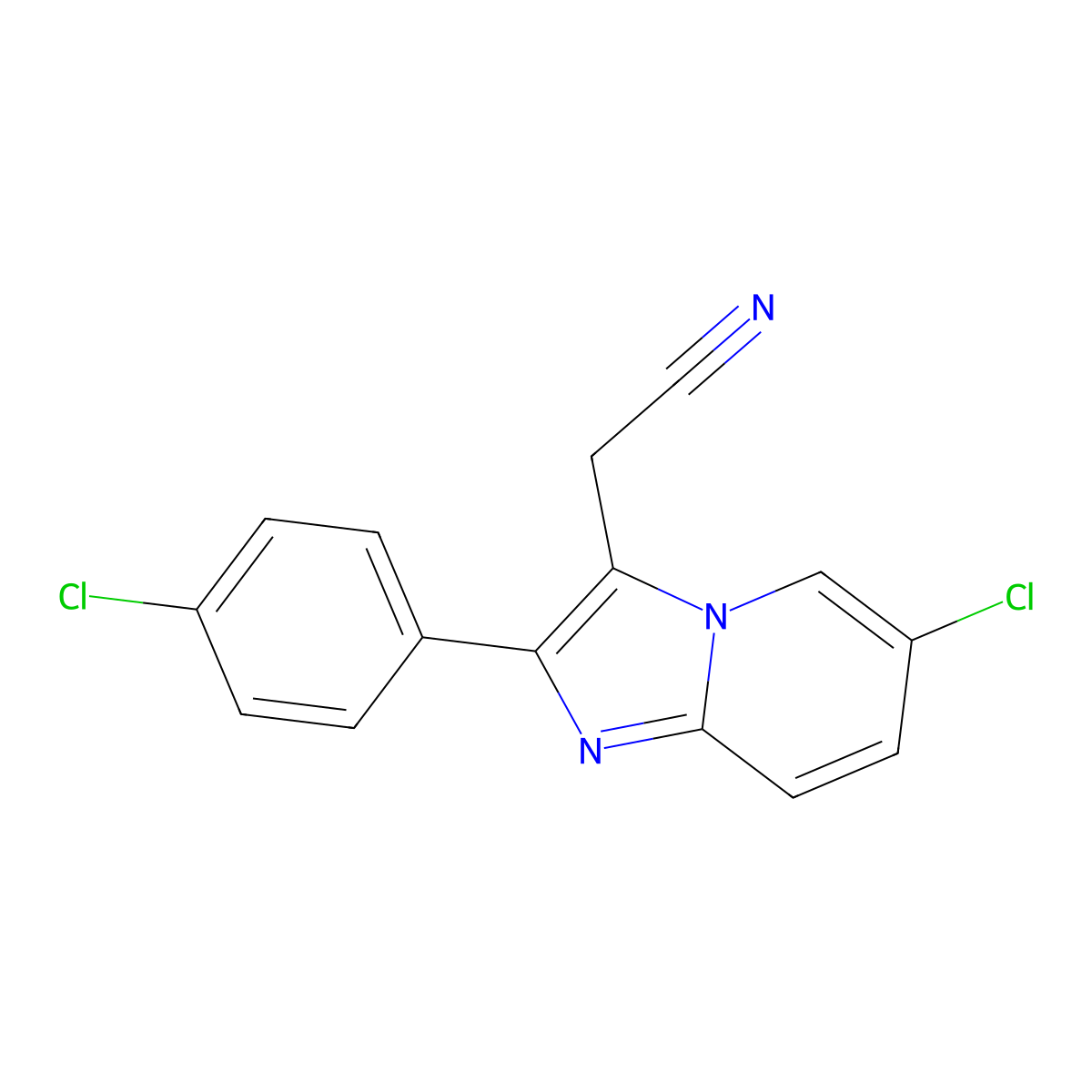 6-Chloro-2-(4-chlorophenyl)imidazo[1,2-a]pyridine-3-acetonitrile molecular structure, CAS 82626-72-0
