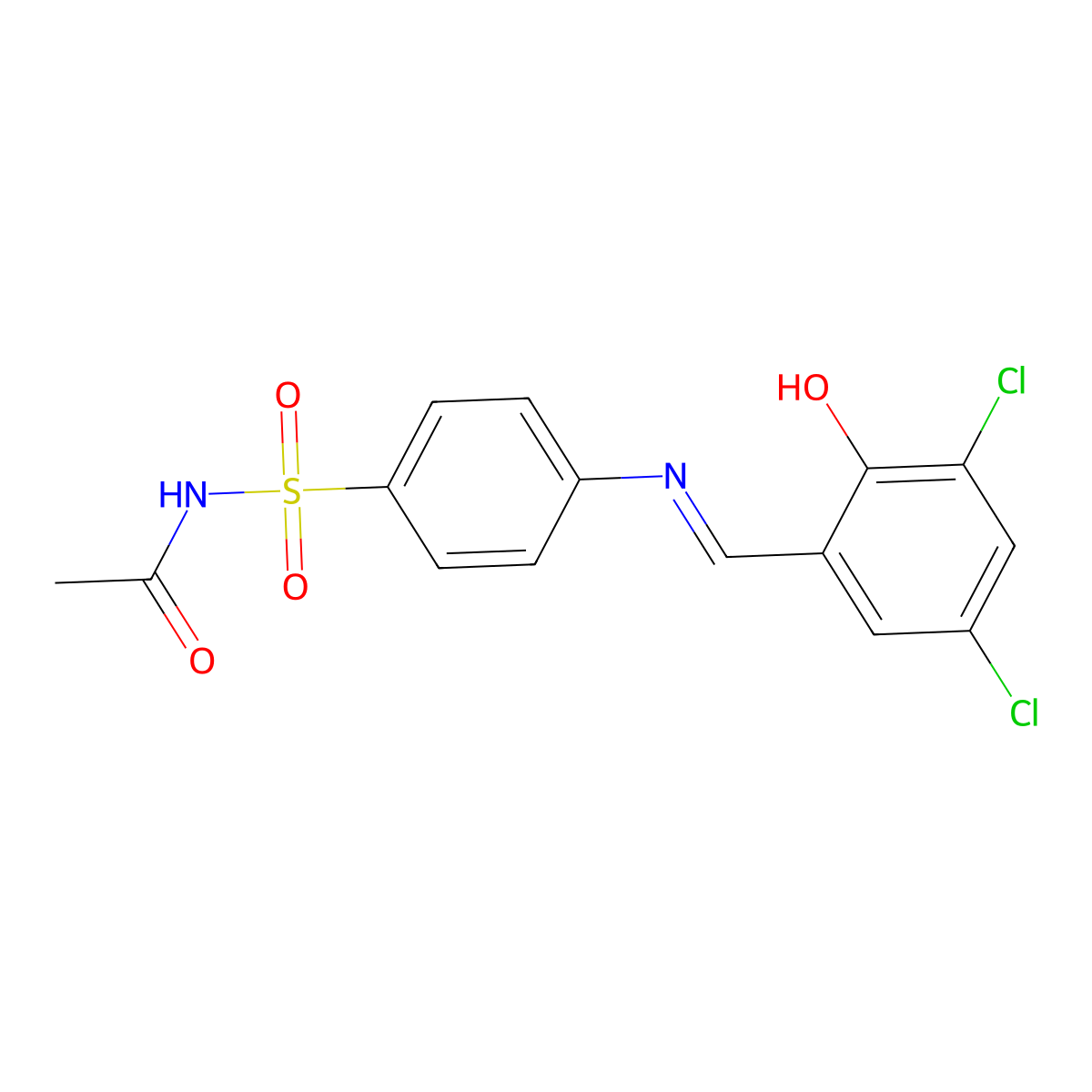 N-Acetyl-4-((3,5-dichloro-2-hydroxybenzylidene)amino)benzenesulfonamide molecular structure, CAS 82654-89-5