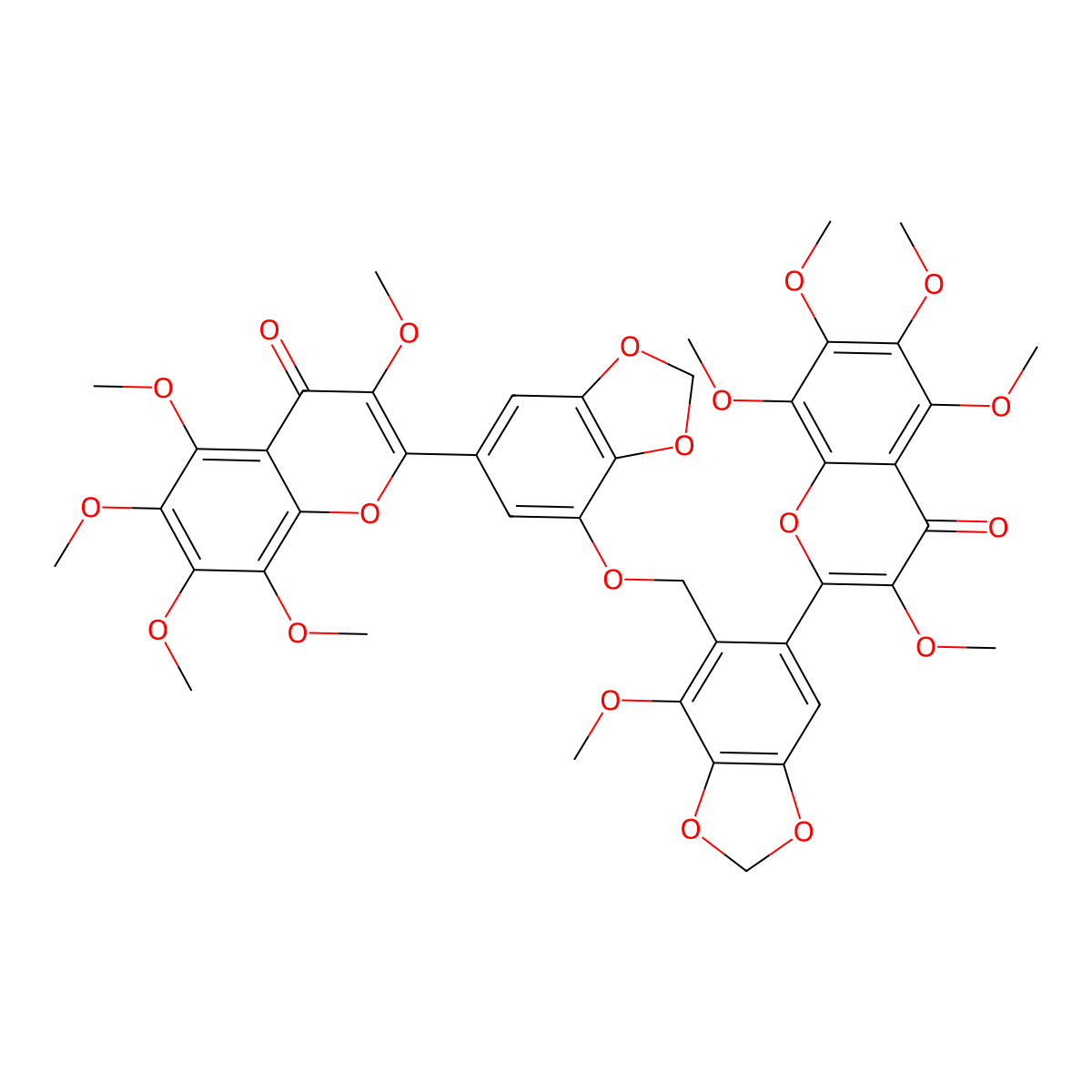 3,5,6,7,8-Pentamethoxy-2-[7-[[4-methoxy-6-(3,5,6,7,8-pentamethoxy-4-oxochromen-2-yl)-1,3-benzodioxol-5-yl]methoxy]-1,3-benzodioxol-5-yl]chromen-4-one molecular structure, CAS 82668-99-3