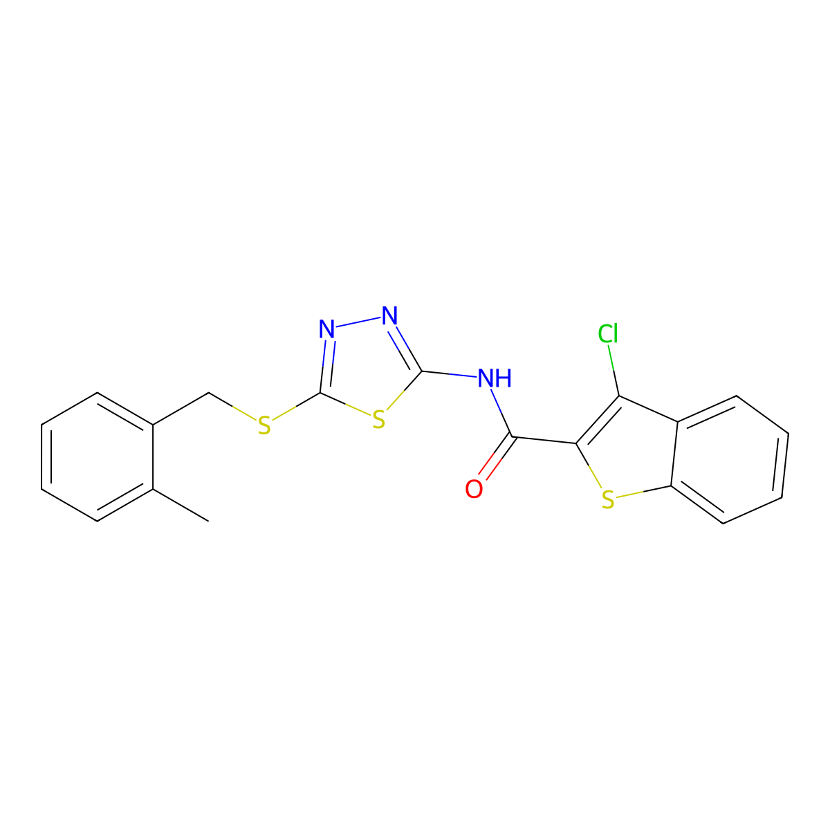 3-chloro-N-[5-[(2-methylphenyl)methylsulfanyl]-1,3,4-thiadiazol-2-yl]-1-benzothiophene-2-carboxamide molecular structure, CAS 826996-13-8