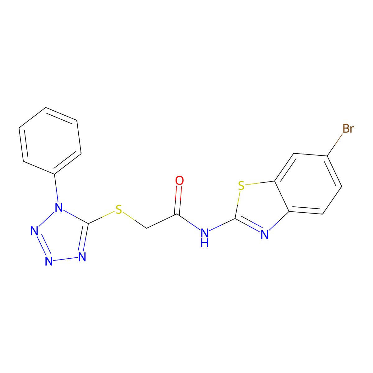 N-(6-bromo-1,3-benzothiazol-2-yl)-2-(1-phenyltetrazol-5-yl)sulfanylacetamide molecular structure, CAS 826996-23-0