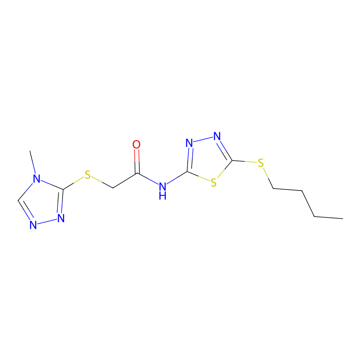 N-(5-butylsulfanyl-1,3,4-thiadiazol-2-yl)-2-[(4-methyl-1,2,4-triazol-3-yl)sulfanyl]acetamide molecular structure, CAS 826996-48-9