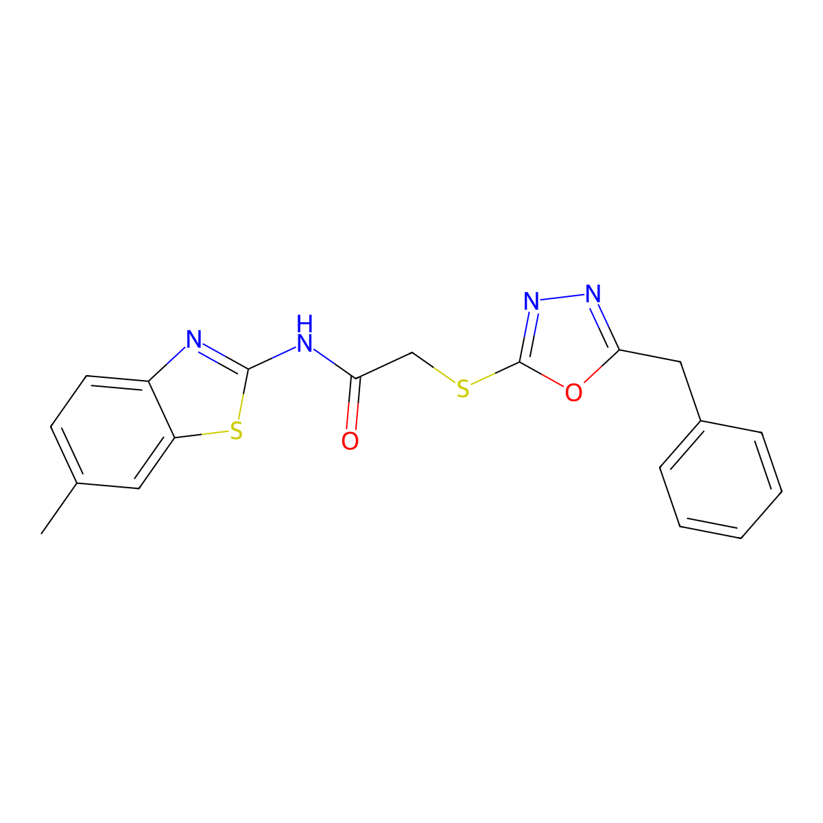 2-[(5-benzyl-1,3,4-oxadiazol-2-yl)sulfanyl]-N-(6-methyl-1,3-benzothiazol-2-yl)acetamide molecular structure, CAS 826996-49-0