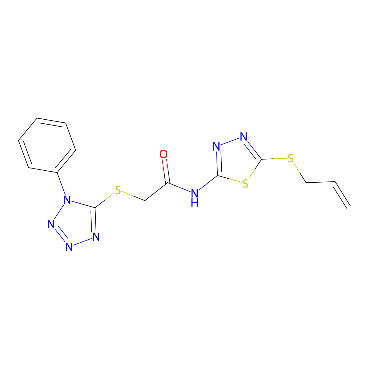 2-(1-phenyltetrazol-5-yl)sulfanyl-N-(5-prop-2-enylsulfanyl-1,3,4-thiadiazol-2-yl)acetamide molecular structure, CAS 826996-78-5