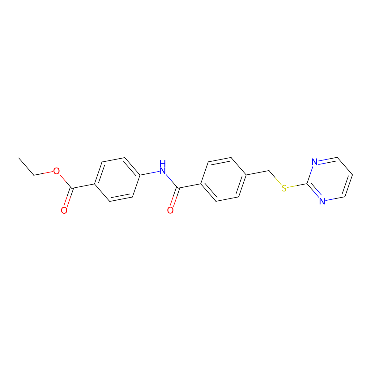 Ethyl 4-(4-((pyrimidin-2-ylthio)methyl)benzamido)benzoate molecular structure, CAS 826997-41-5