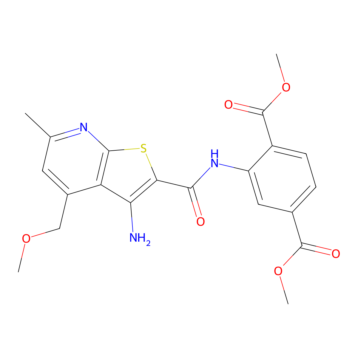 Dimethyl 2-({[3-amino-4-(methoxymethyl)-6-methylthieno[2,3-b]pyridin-2-yl]carbonyl}amino)benzene-1,4-dicarboxylate molecular structure, CAS 826997-56-2