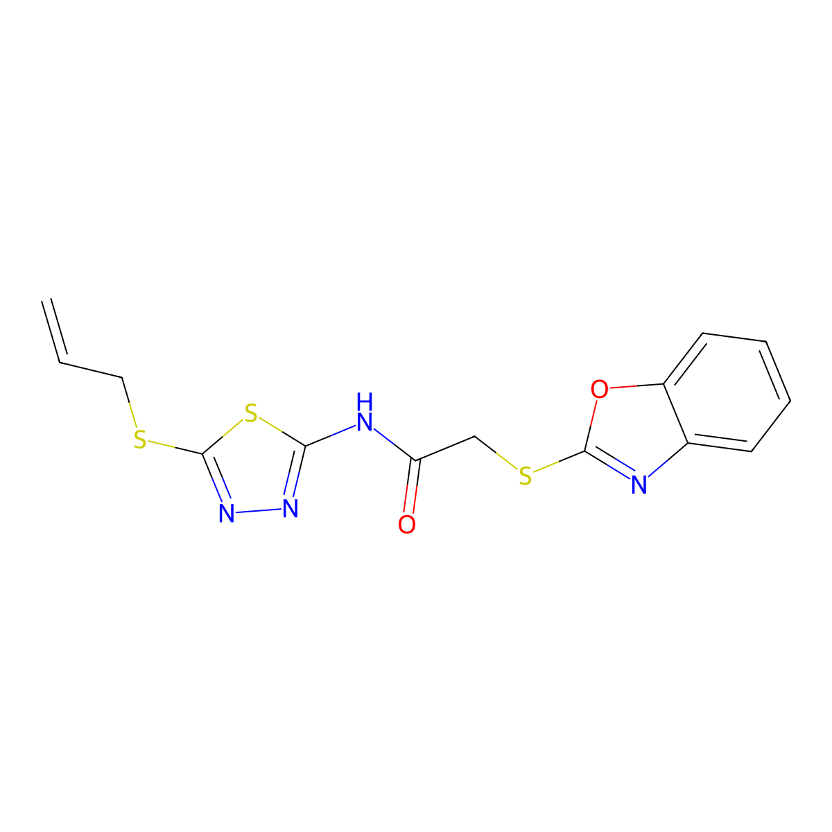 N-[5-(allylthio)-1,3,4-thiadiazol-2-yl]-2-(1,3-benzoxazol-2-ylthio)acetamide molecular structure, CAS 826997-84-6