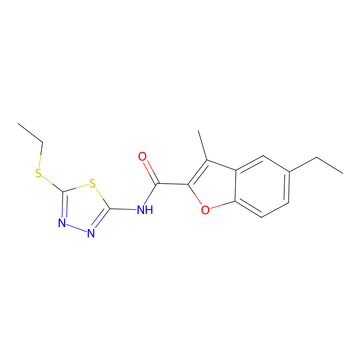 5-ethyl-N-[5-(ethylsulfanyl)-1,3,4-thiadiazol-2-yl]-3-methyl-1-benzofuran-2-carboxamide molecular structure, CAS 826998-16-7