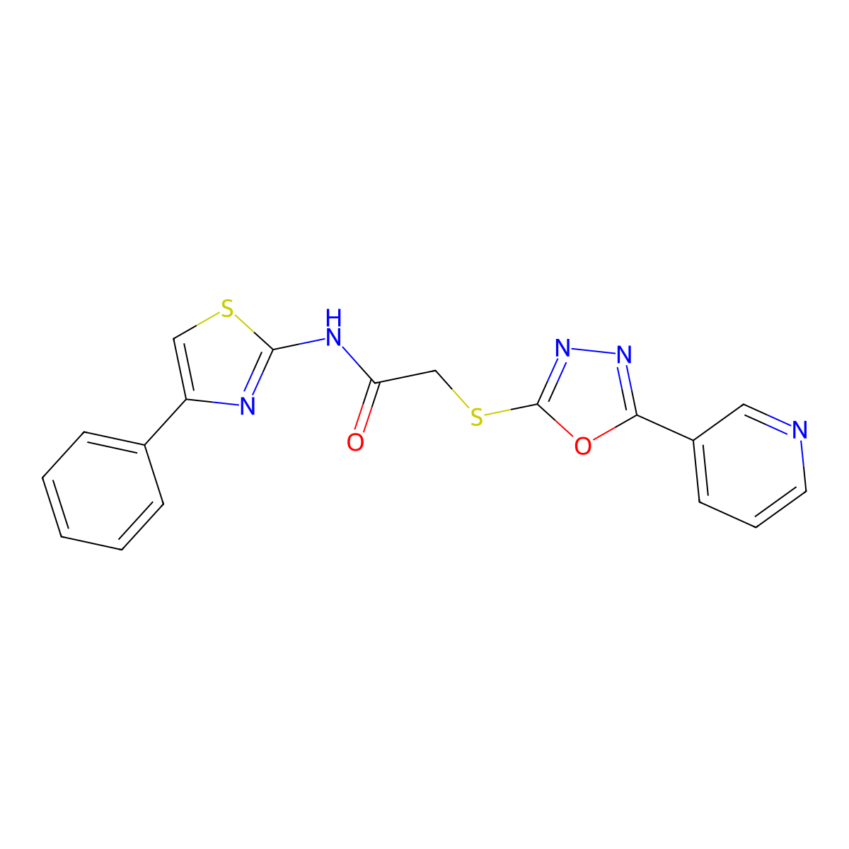 N-(4-phenyl-1,3-thiazol-2-yl)-2-[(5-pyridin-3-yl-1,3,4-oxadiazol-2-yl)sulfanyl]acetamide molecular structure, CAS 826998-48-5