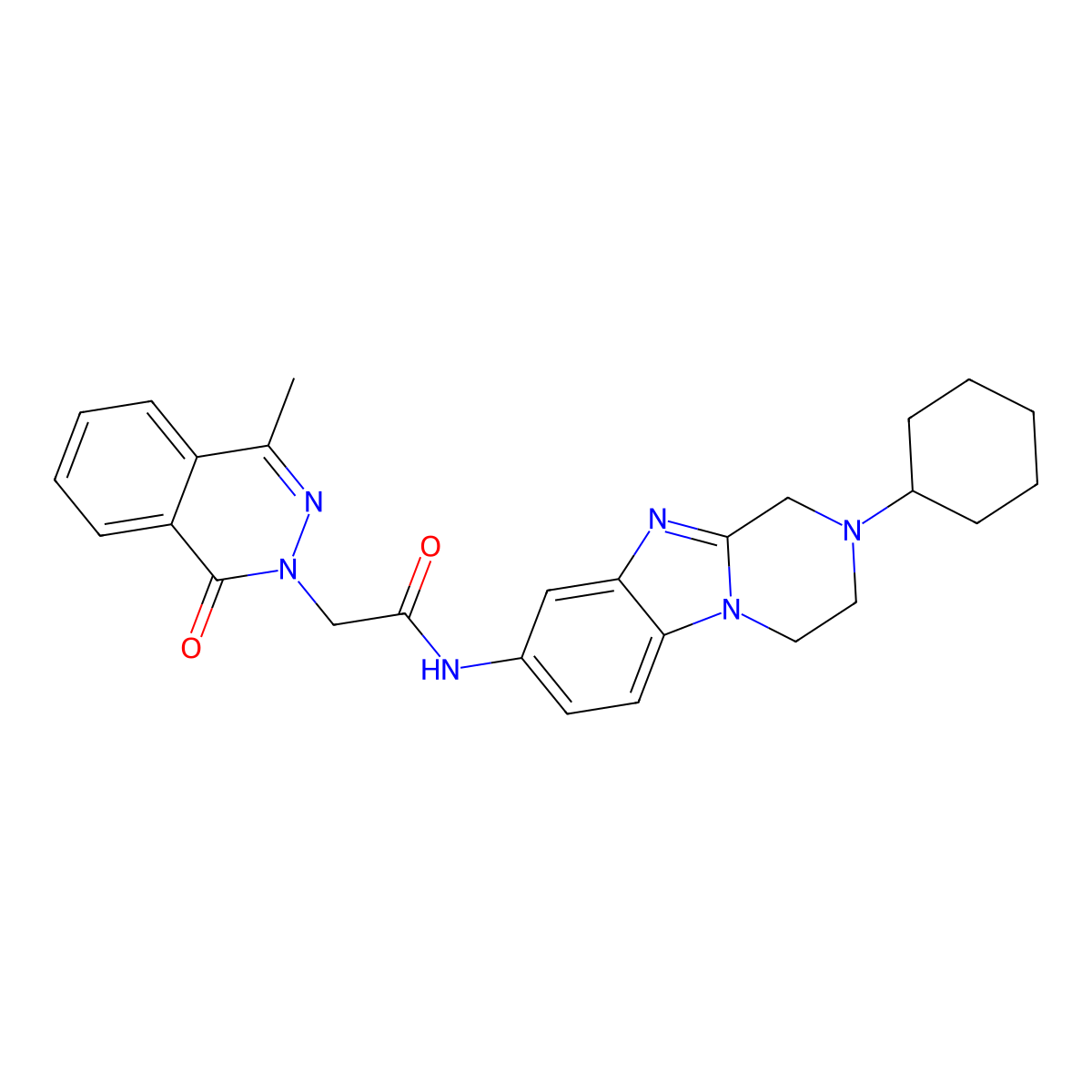 N-(2-cyclohexyl-3,4-dihydro-1H-pyrazino[1,2-a]benzimidazol-8-yl)-2-(4-methyl-1-oxophthalazin-2-yl)acetamide molecular structure, CAS 826999-03-5