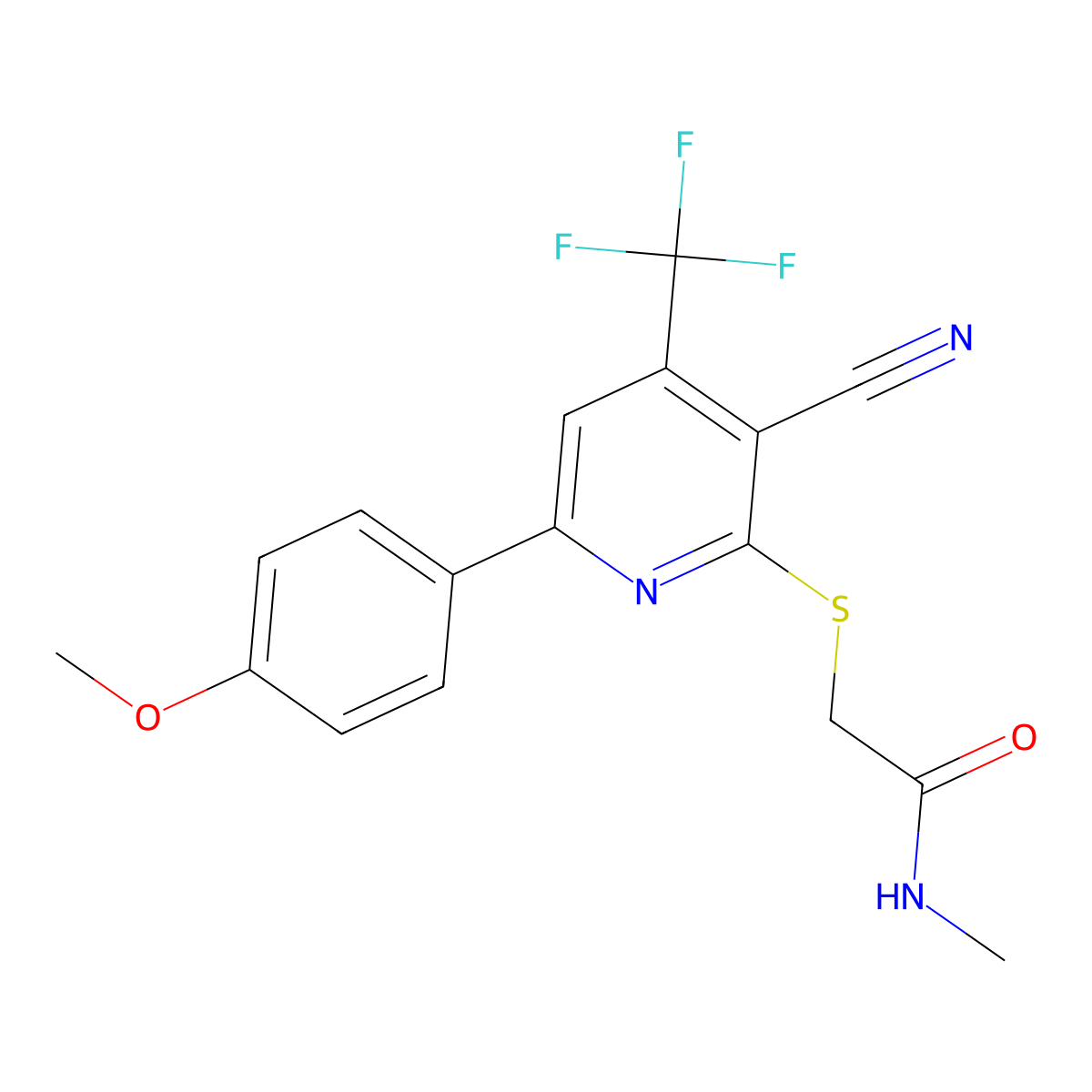 2-((3-cyano-6-(4-methoxyphenyl)-4-(trifluoromethyl)pyridin-2-yl)thio)-N-methylacetamide molecular structure, CAS 826999-66-0
