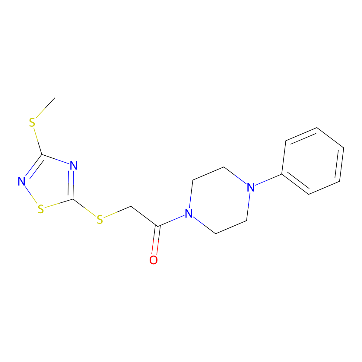 1-({[3-(Methylthio)-1,2,4-thiadiazol-5-yl]thio}acetyl)-4-phenylpiperazine molecular structure, CAS 826999-96-6