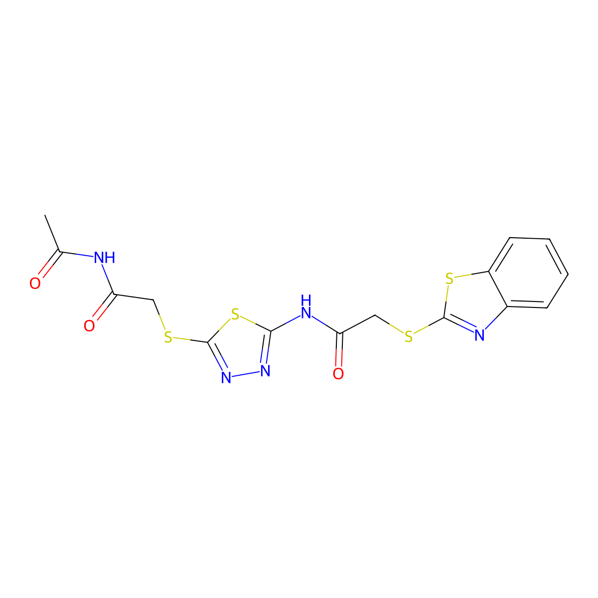 N-[5-(2-acetamido-2-oxoethyl)sulfanyl-1,3,4-thiadiazol-2-yl]-2-(1,3-benzothiazol-2-ylsulfanyl)acetamide molecular structure, CAS 827000-11-3