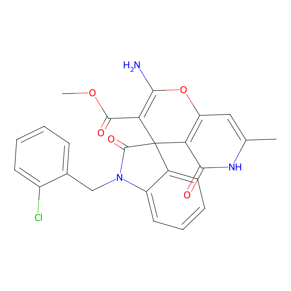 Methyl 2'-amino-1-(2-chlorobenzyl)-7'-methyl-2,5'-dioxo-1,2,5',6'-tetrahydrospiro[indole-3,4'-pyrano[3,2-c]pyridine]-3'-carboxylate molecular structure, CAS 827001-05-8