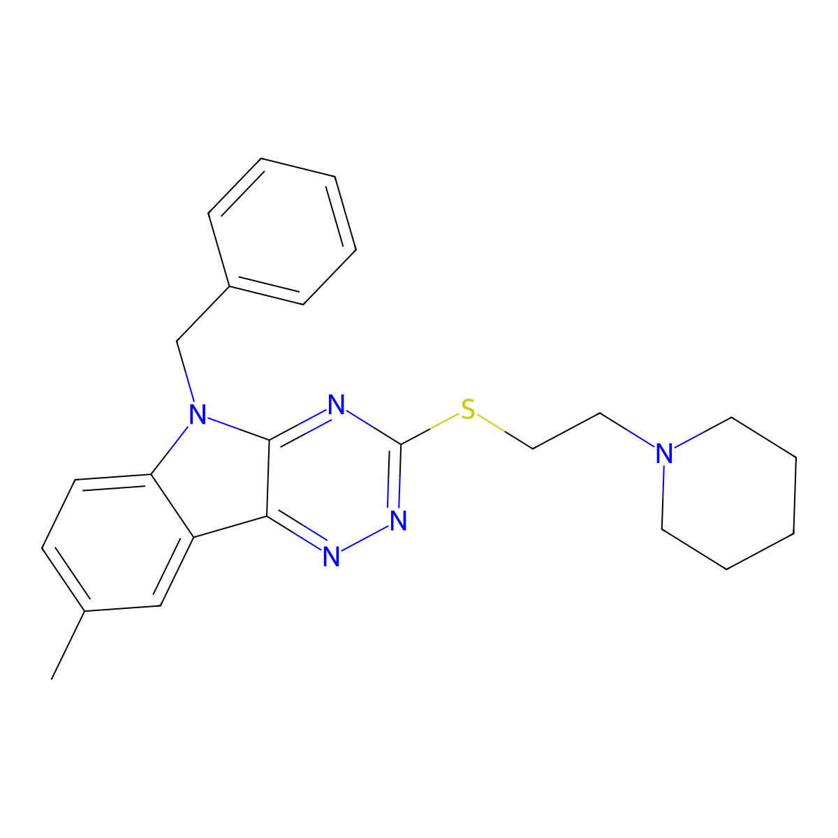 5-Benzyl-8-methyl-3-(2-piperidin-1-ylethylsulfanyl)-[1,2,4]triazino[5,6-b]indole molecular structure, CAS 827001-18-3