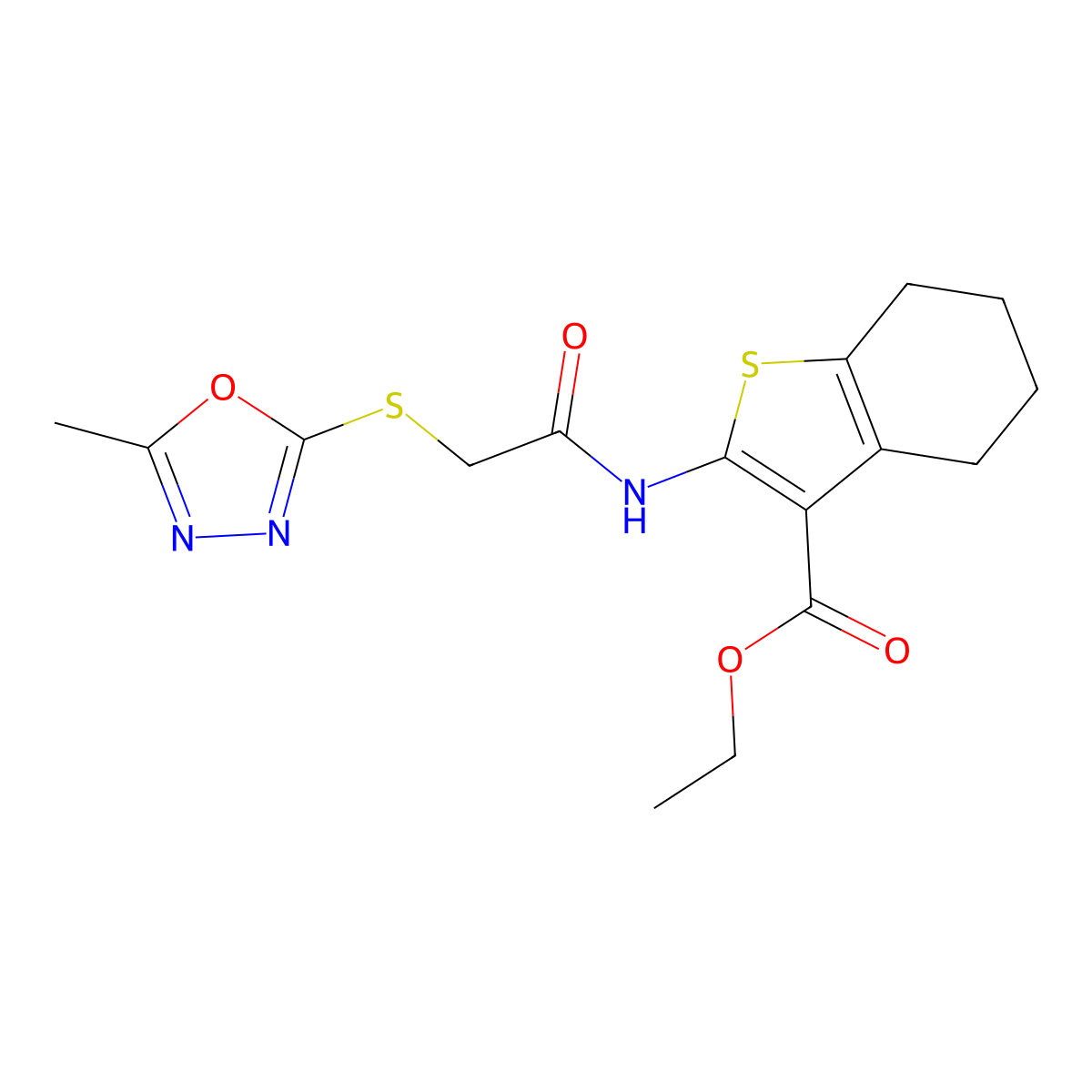 Ethyl 2-({[(5-methyl-1,3,4-oxadiazol-2-yl)sulfanyl]acetyl}amino)-4,5,6,7-tetrahydro-1-benzothiophene-3-carboxylate molecular structure, CAS 827001-51-4