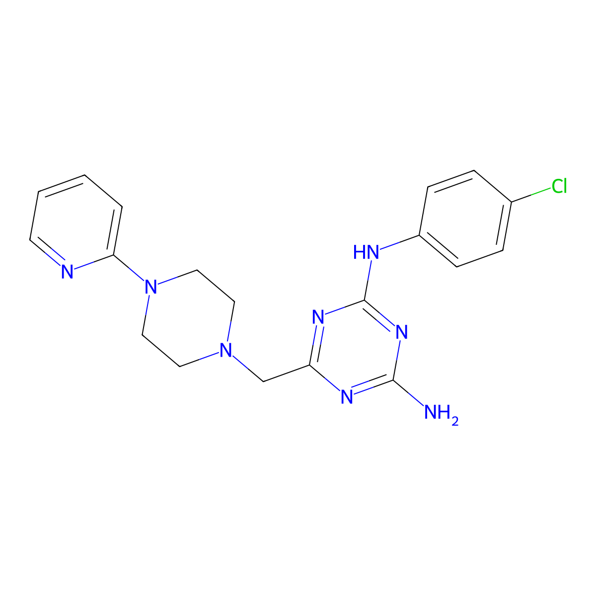 2-N-(4-chlorophenyl)-6-[(4-pyridin-2-ylpiperazin-1-yl)methyl]-1,3,5-triazine-2,4-diamine molecular structure, CAS 827002-46-0