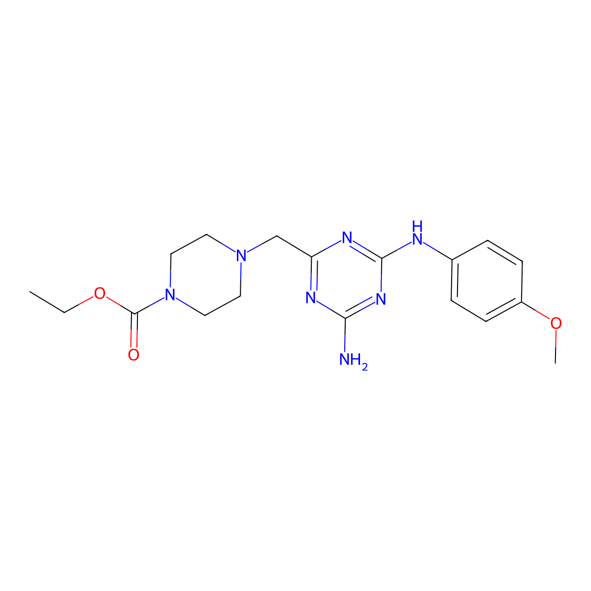 Ethyl 4-({4-amino-6-[(4-methoxyphenyl)amino]-1,3,5-triazin-2-yl}methyl)piperazine-1-carboxylate molecular structure, CAS 827002-53-9