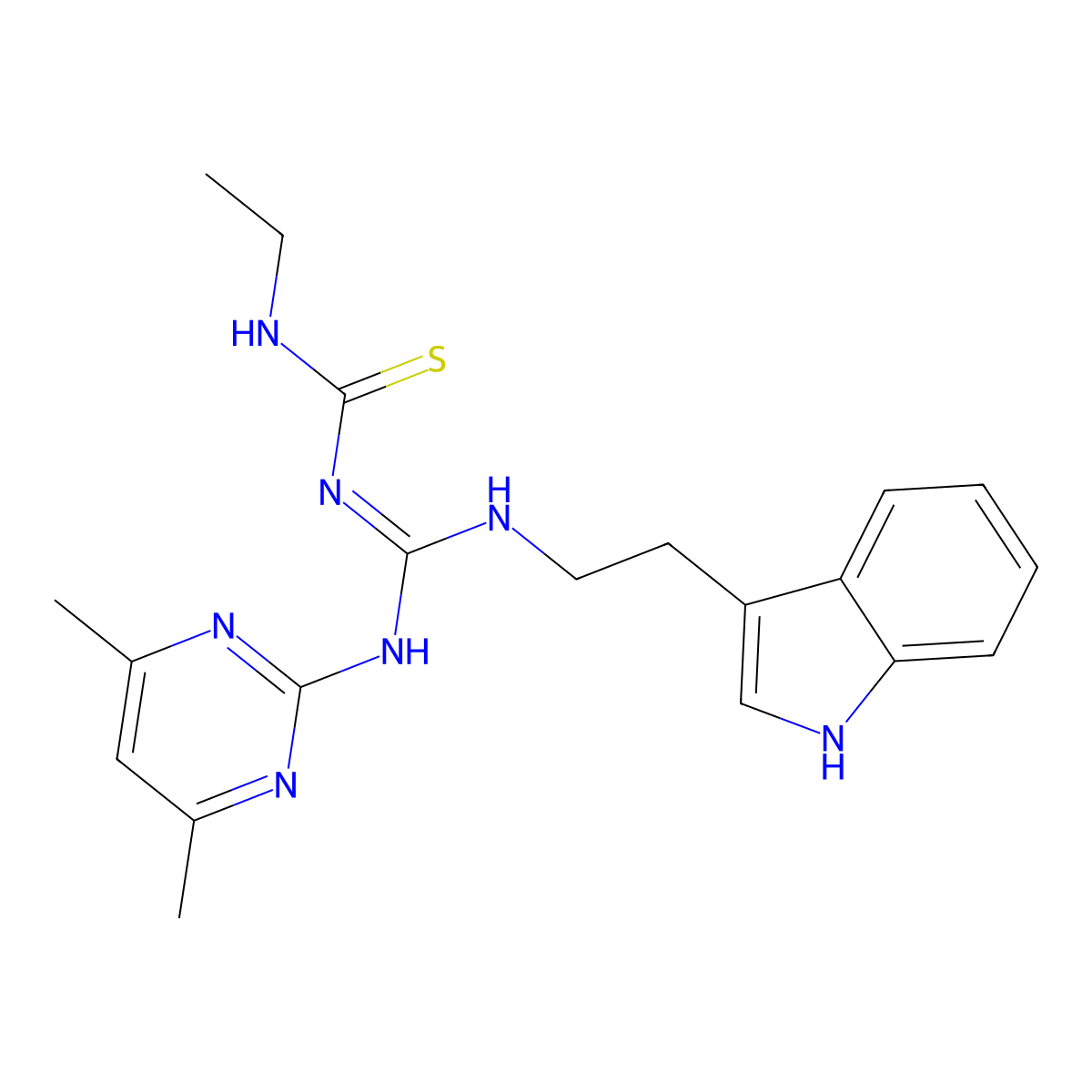 1-[(E)-[(4,6-dimethylpyrimidin-2-yl)amino]{[2-(1H-indol-3-yl)ethyl]amino}methylidene]-3-ethylthiourea molecular structure, CAS 827002-86-8