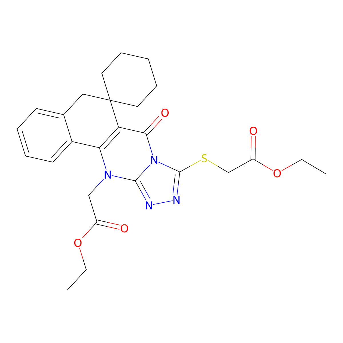 ethyl 2-((12-(2-ethoxy-2-oxoethyl)-7-oxo-7,12-dihydro-5H-spiro[benzo[h][1,2,4]triazolo[3,4-b]quinazoline-6,1'-cyclohexan]-9-yl)thio)acetate molecular structure, CAS 827002-87-9