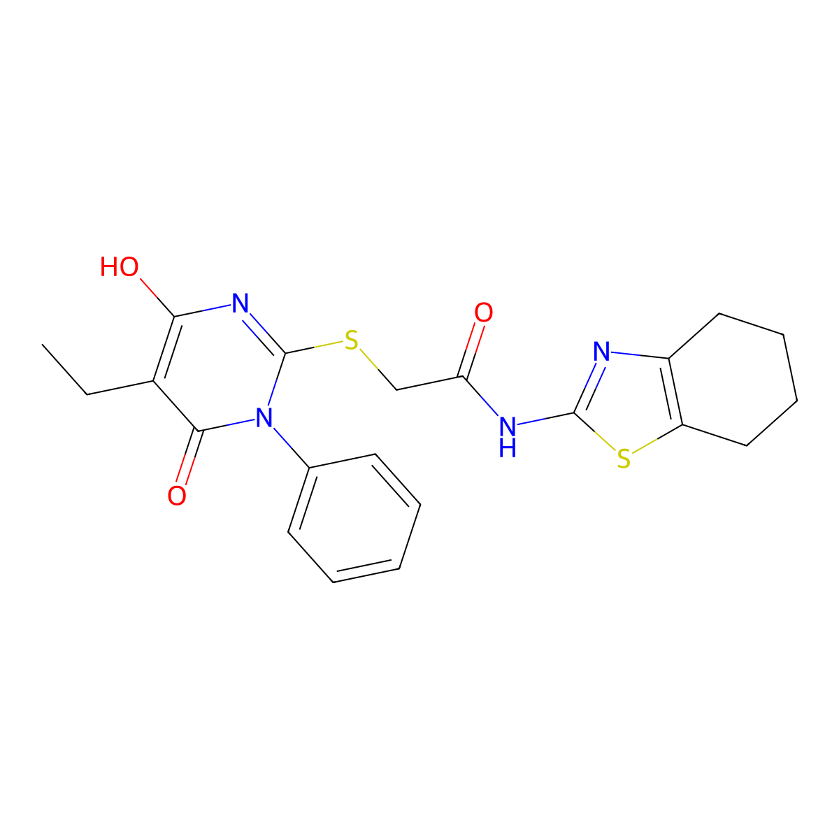 2-[(5-ethyl-4-hydroxy-6-oxo-1-phenyl-1,6-dihydropyrimidin-2-yl)sulfanyl]-N-(4,5,6,7-tetrahydro-1,3-benzothiazol-2-yl)acetamide molecular structure, CAS 827003-09-8