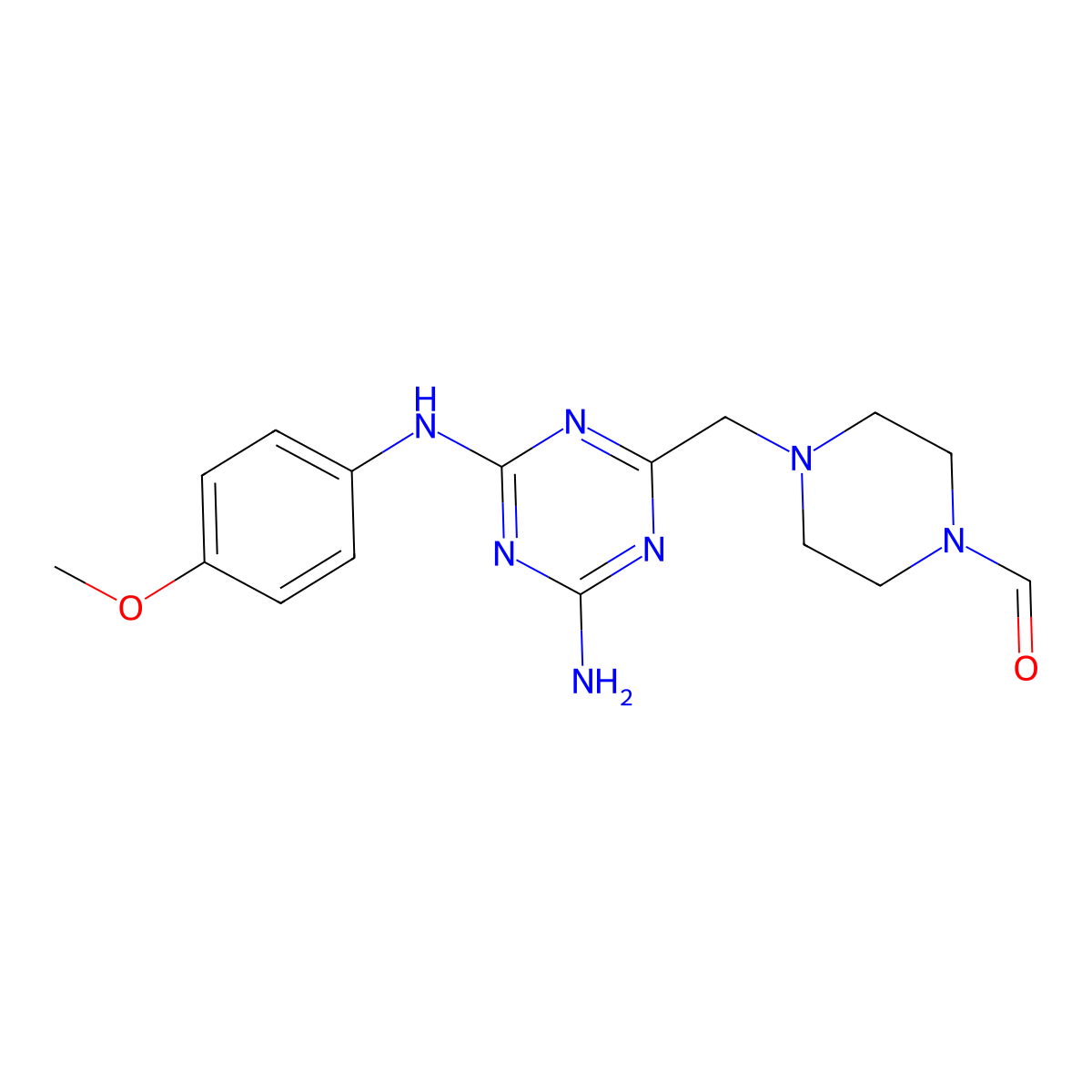 4-({4-Amino-6-[(4-methoxyphenyl)amino]-1,3,5-triazin-2-yl}methyl)piperazine-1-carbaldehyde molecular structure, CAS 827003-10-1