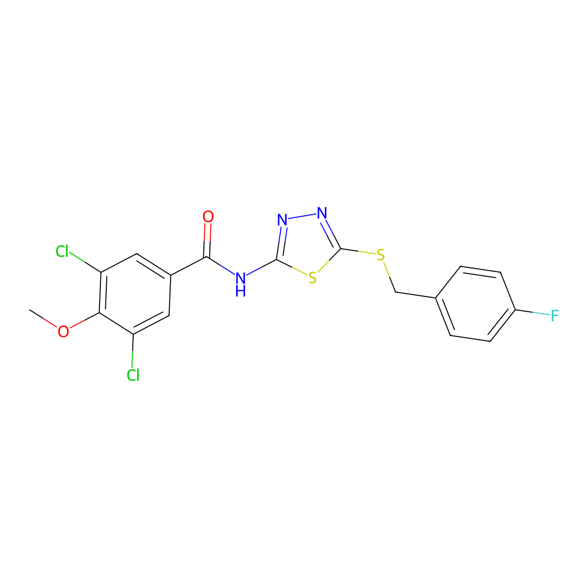 3,5-dichloro-N-[5-[(4-fluorophenyl)methylsulfanyl]-1,3,4-thiadiazol-2-yl]-4-methoxybenzamide molecular structure, CAS 827003-52-1