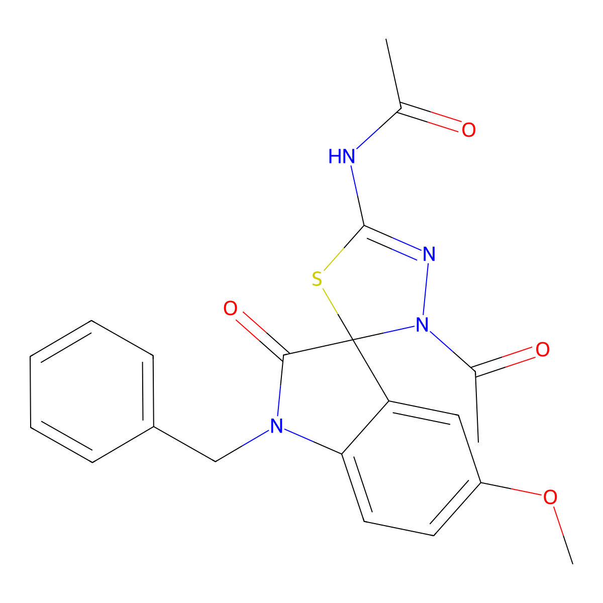 N-(4-acetyl-1'-benzyl-5'-methoxy-2'-oxospiro[1,3,4-thiadiazole-5,3'-indole]-2-yl)acetamide molecular structure, CAS 827003-86-1