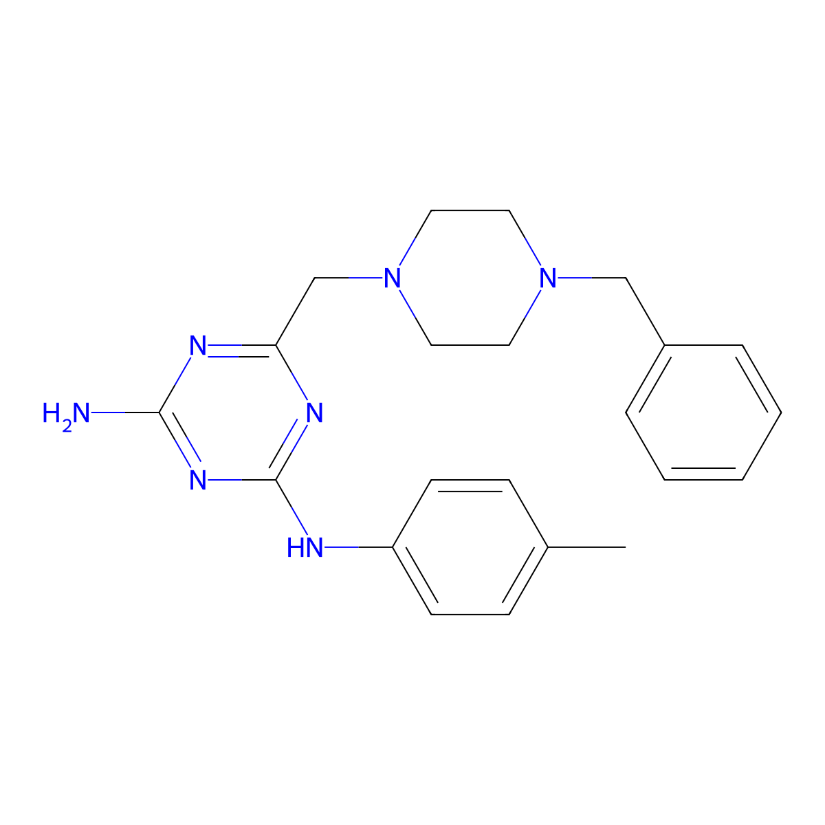 6-[(4-benzylpiperazin-1-yl)methyl]-N-(4-methylphenyl)-1,3,5-triazine-2,4-diamine molecular structure, CAS 827003-90-7