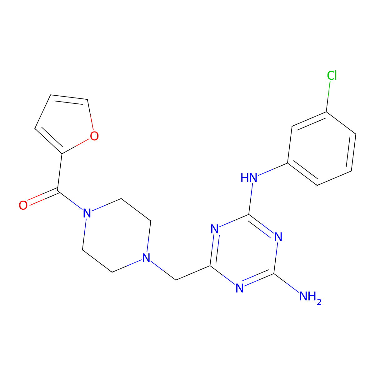 (4-{[4-Amino-6-(3-chloroanilino)-1,3,5-triazin-2-yl]methyl}piperazino)(2-furyl)methanone molecular structure, CAS 827004-14-8