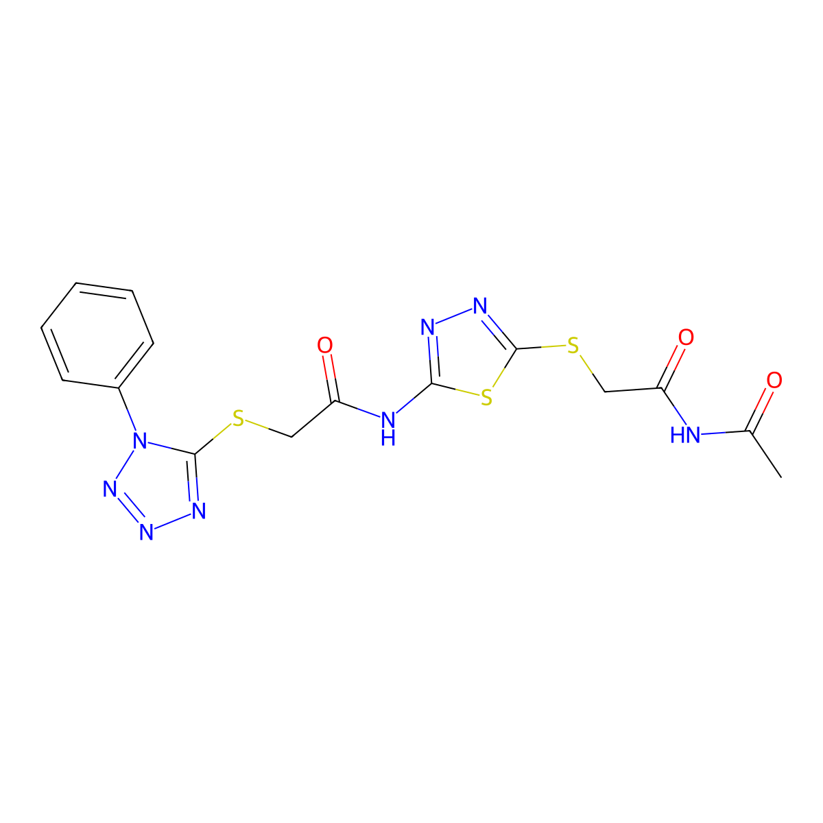 N-[5-(2-acetamido-2-oxoethyl)sulfanyl-1,3,4-thiadiazol-2-yl]-2-(1-phenyltetrazol-5-yl)sulfanylacetamide molecular structure, CAS 827004-50-2