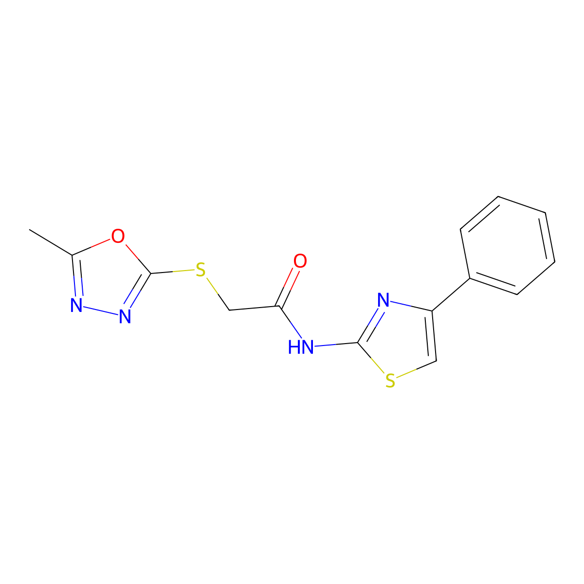2-[(5-methyl-1,3,4-oxadiazol-2-yl)sulfanyl]-N-(4-phenyl-1,3-thiazol-2-yl)acetamide molecular structure, CAS 827004-54-6