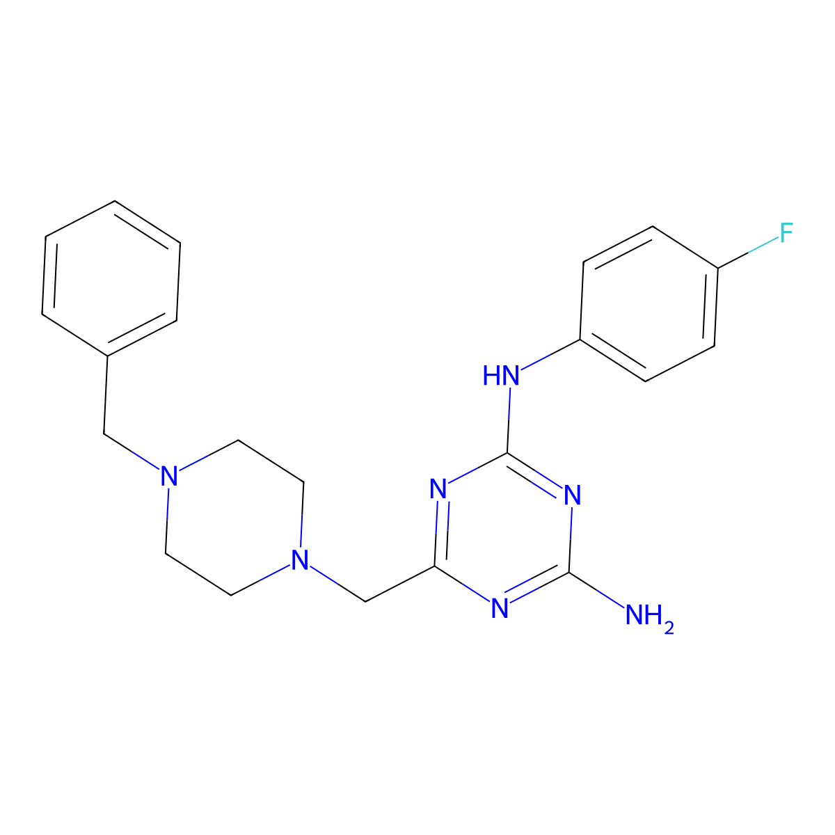 6-[(4-benzylpiperazin-1-yl)methyl]-N-(4-fluorophenyl)-1,3,5-triazine-2,4-diamine molecular structure, CAS 827005-08-3