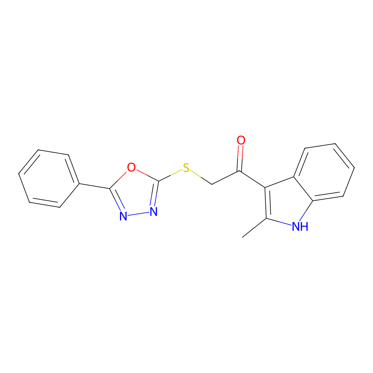 1-(2-methyl-1H-indol-3-yl)-2-((5-phenyl-1,3,4-oxadiazol-2-yl)thio)ethanone molecular structure, CAS 827005-25-4