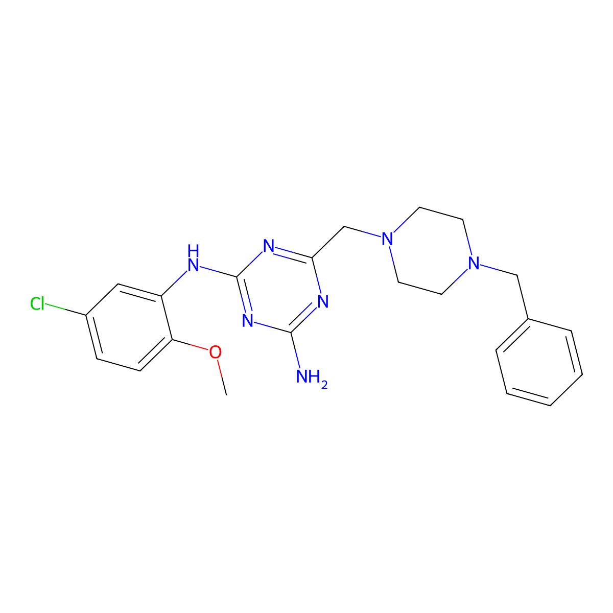 6-[(4-benzylpiperazin-1-yl)methyl]-N-(5-chloro-2-methoxyphenyl)-1,3,5-triazine-2,4-diamine molecular structure, CAS 827005-37-8