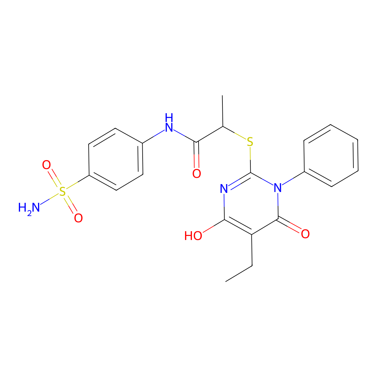 2-[(5-ethyl-4-hydroxy-6-oxo-1-phenyl-1,6-dihydropyrimidin-2-yl)sulfanyl]-N-(4-sulfamoylphenyl)propanamide molecular structure, CAS 827005-60-7