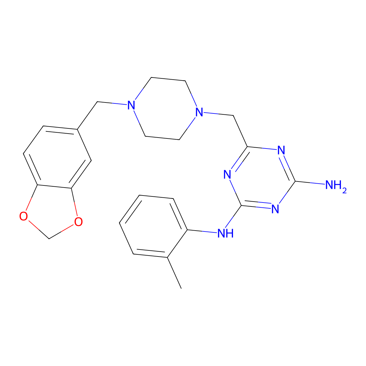 6-{[4-(1,3-benzodioxol-5-ylmethyl)piperazin-1-yl]methyl}-N-(2-methylphenyl)-1,3,5-triazine-2,4-diamine molecular structure, CAS 827005-67-4