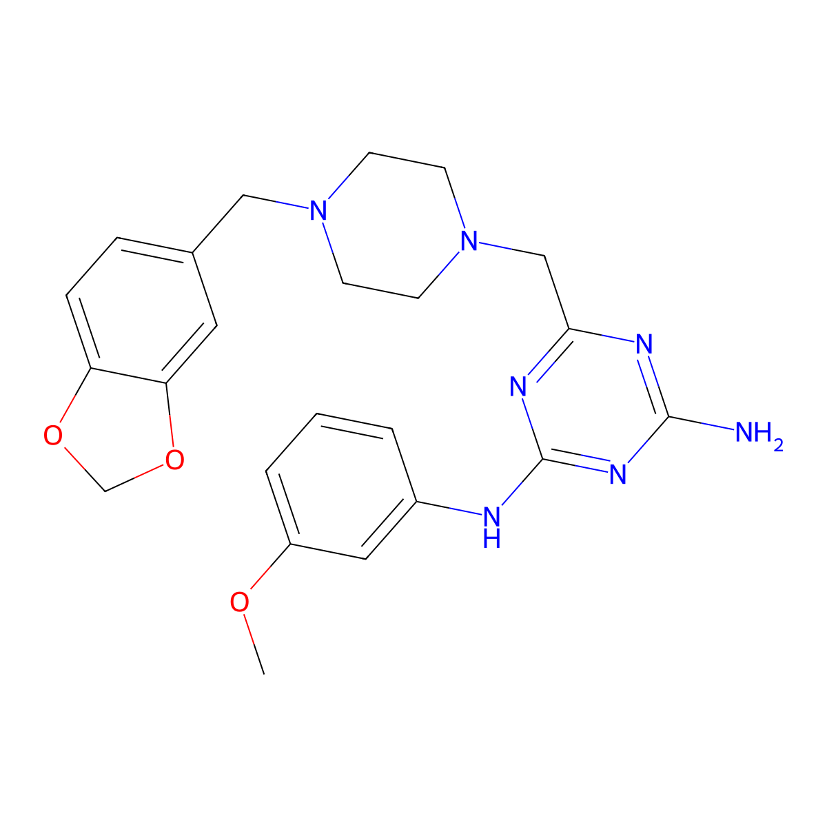 6-{[4-(1,3-benzodioxol-5-ylmethyl)piperazin-1-yl]methyl}-N-(3-methoxyphenyl)-1,3,5-triazine-2,4-diamine molecular structure, CAS 827005-77-6