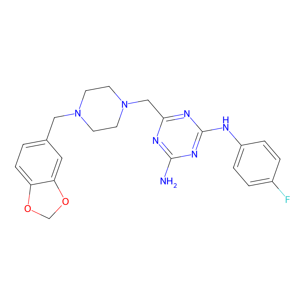 6-{[4-(1,3-benzodioxol-5-ylmethyl)piperazin-1-yl]methyl}-N-(4-fluorophenyl)-1,3,5-triazine-2,4-diamine molecular structure, CAS 827005-87-8