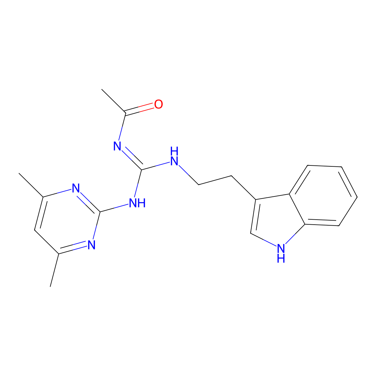 N-[(E)-[(4,6-dimethylpyrimidin-2-yl)amino]{[2-(1H-indol-3-yl)ethyl]amino}methylidene]acetamide molecular structure, CAS 827007-90-9