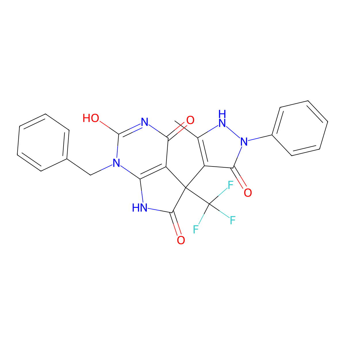 1-benzyl-5-(5-methyl-3-oxo-2-phenyl-1H-pyrazol-4-yl)-5-(trifluoromethyl)-7H-pyrrolo[2,3-d]pyrimidine-2,4,6-trione molecular structure, CAS 827007-92-1