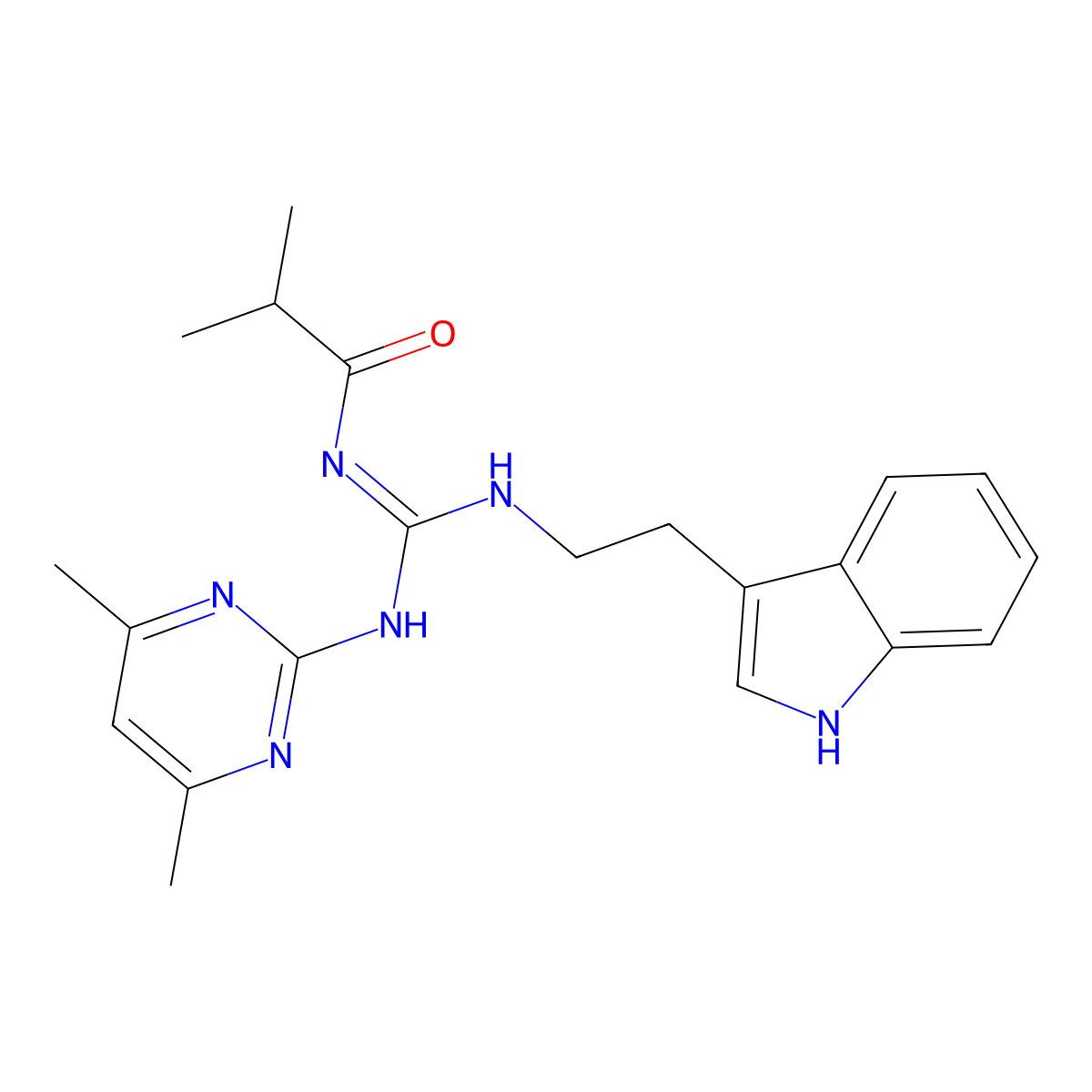 N-[(E)-[(4,6-dimethylpyrimidin-2-yl)amino]{[2-(1H-indol-3-yl)ethyl]amino}methylidene]-2-methylpropanamide molecular structure, CAS 827007-97-6
